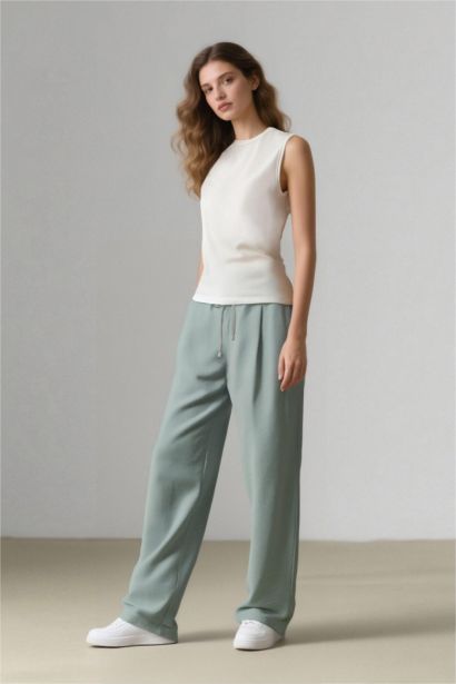 Pantalon en lin droit taille haute avec poches