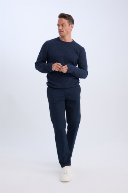 Lacivert Standart Fit Normal Kesim Bisiklet Yaka Dokulu Basic Düz Triko Kazak