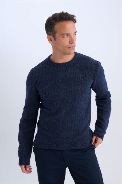 Lacivert Standart Fit Normal Kesim Bisiklet Yaka Dokulu Basic Düz Triko Kazak