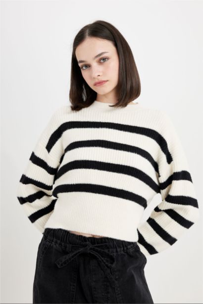 Regular Fit Çizgili Bisiklet Yaka Triko Kazak	