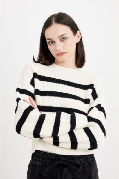 Regular Fit Çizgili Bisiklet Yaka Triko Kazak	