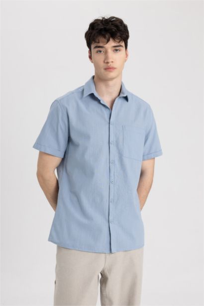 %100 Pamuk Slim Fit Dar Kesim Yazlık Basic Düz Kısa Kollu Gömlek