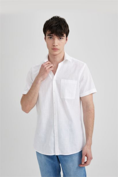 %100 Pamuk Slim Fit Dar Kesim Yazlık Basic Düz Kısa Kollu Beyaz Gömlek