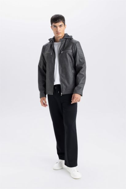 Su İtici Slim Fit Dar Kesim Çıkarılabilir Kapüşonlu Fermuarlı Cepli Suni Deri Ceket Mont