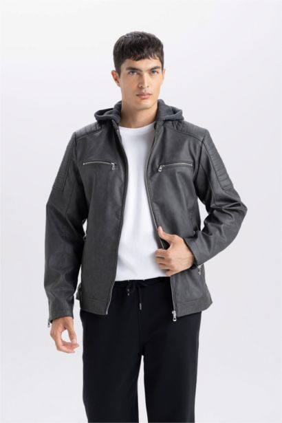 Su İtici Slim Fit Dar Kesim Çıkarılabilir Kapüşonlu Fermuarlı Cepli Suni Deri Ceket Mont