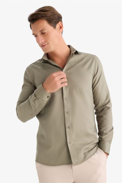 Slim Fit Polo Collar Oxford Long Sleeve Shirt