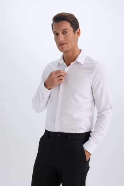 Slim Fit Dar Kesim Polo Yaka Kolay Ütülenen Oxford Basic Düz Uzun Kollu Gömlek