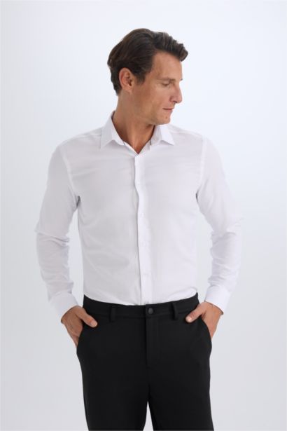Slim Fit Dar Kesim Polo Yaka Kolay Ütülenen Oxford Basic Düz Uzun Kollu Gömlek