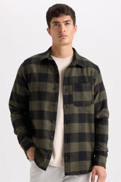 Regular Fıt Polo Yaka Kareli Flanel Uzun Kollu Gömlek