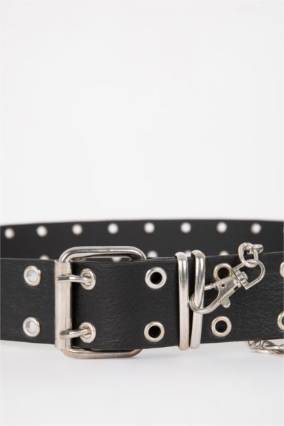 Woman Chain Detailed Faux Leather Belt