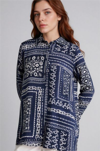 Loose Fıt Gömlek Yaka Baskılı Uzun Kollu Tunik