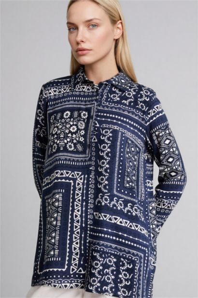 басып шығарылған жейде мойыны Ұзын Жеңді Туника