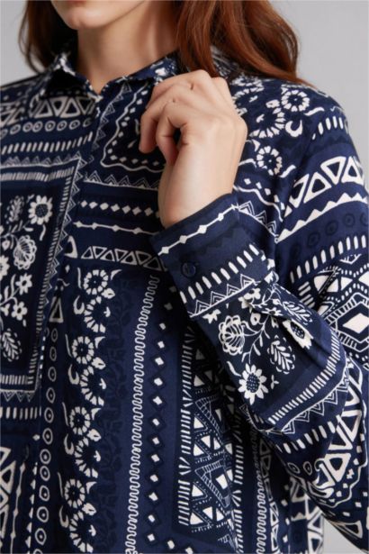 Loose Fıt Gömlek Yaka Baskılı Uzun Kollu Tunik