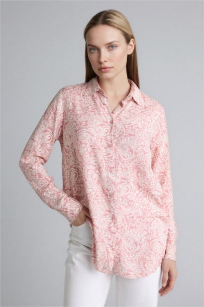 Loose Fit Shirt Collar Printed Long Sleeve Tunic