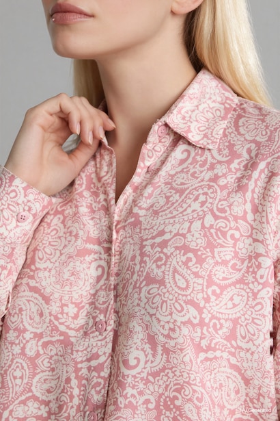 Loose Fit Shirt Collar Printed Long Sleeve Tunic