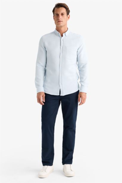 Slım Fıt Polo Yaka Dokulu Uzun Kollu Gömlek