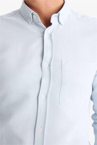 Slım Fıt Polo Yaka Dokulu Uzun Kollu Gömlek