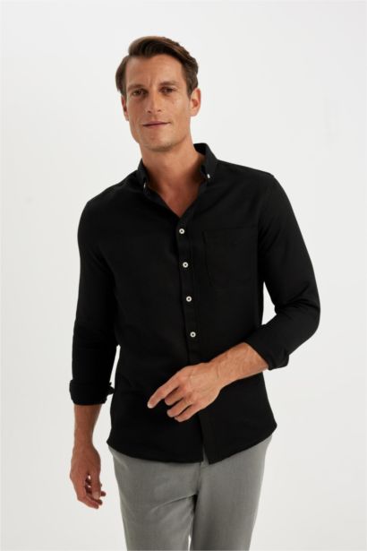 Slim Fit Dar Kesim Polo Yaka Dokulu Uzun Kollu Siyah Gömlek