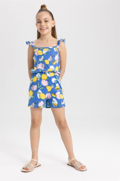 Girl Patterned Strap Cotton Short Jumpsuit