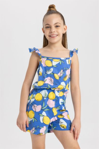 Girl Patterned Strap Cotton Short Jumpsuit