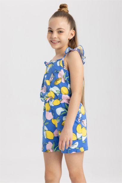 Girl Patterned Strap Cotton Short Jumpsuit