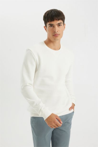 Regular Fit Bisiklet Yaka Kalın Basic Düz Sweatshirt