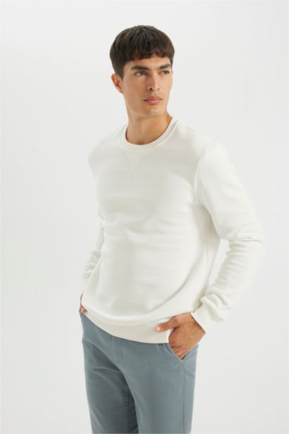 Regular Fit Bisiklet Yaka Kalın Basic Düz Sweatshirt