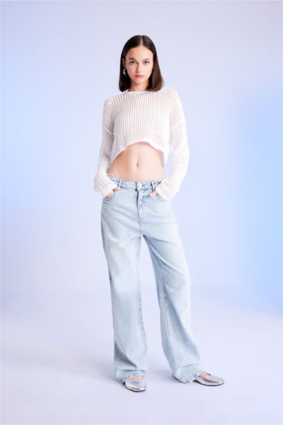 Regular Fit Crew Neck Crochet Openwork Crop Knitted Pullover