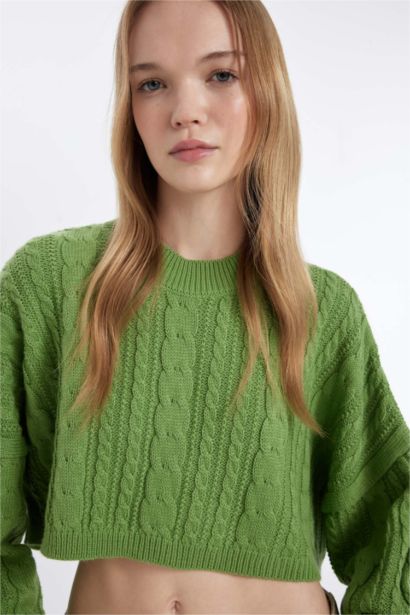 Crew Neck Hair Knitted Crop Pullover