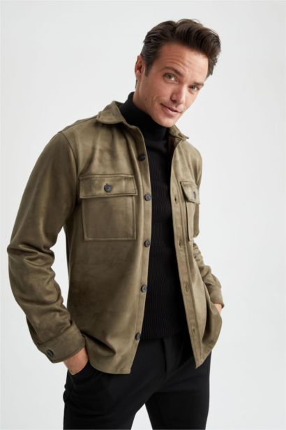 Regular Fit Polo Neck Suede Shirt Jacket
