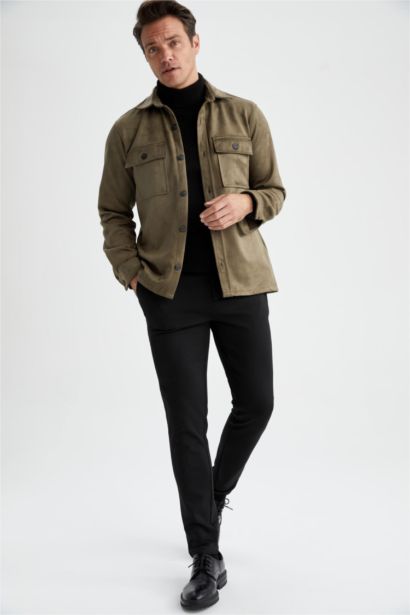 Regular Fit Polo Neck Suede Shirt Jacket