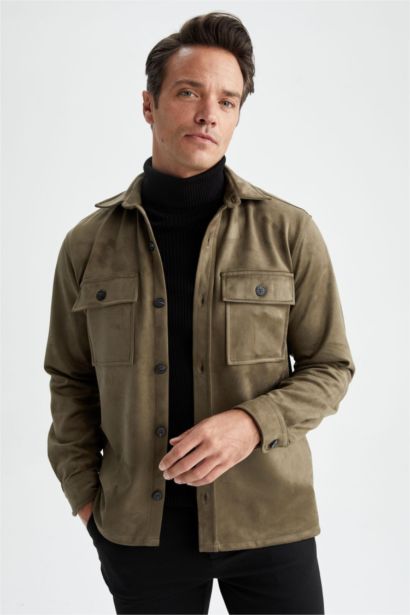 Regular Fit Polo Neck Suede Shirt Jacket