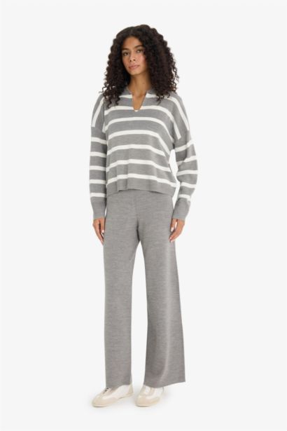 Flare Fit Wide Leg Elastic Waist Basic Knit Trousers