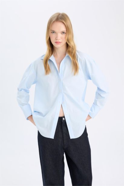 Oversize Fit Shirt Collar Poplin Long Sleeve Shirt