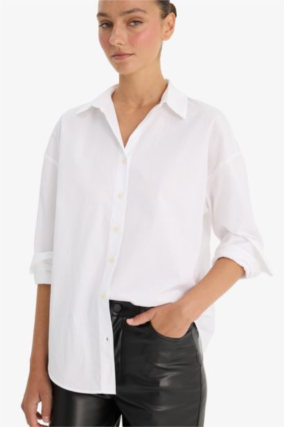 Chemise oversize unie en popeline à manches longues