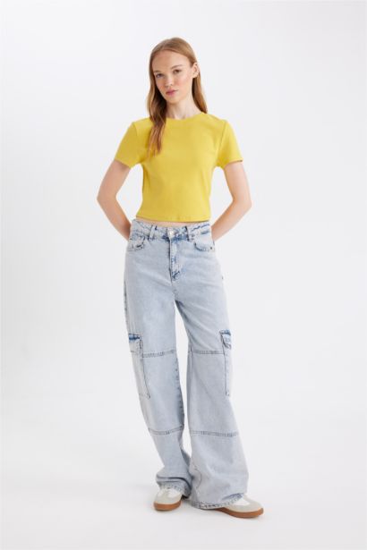 Fitted Crew Neck Ribbed Basic Short Sleeve T-Shirt