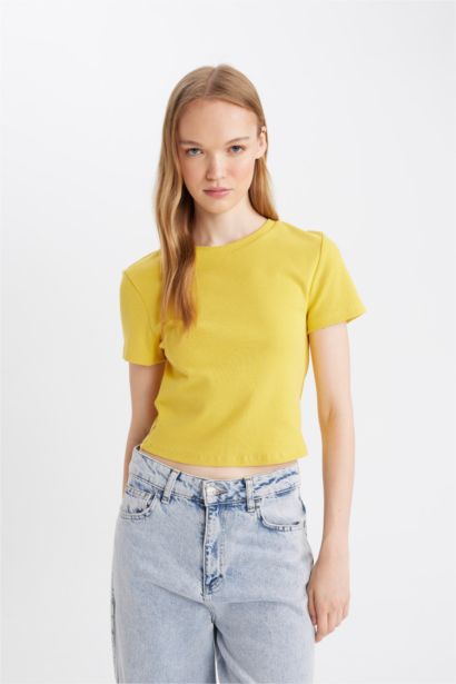 Fitted Crew Neck Ribbed Basic Short Sleeve T-Shirt