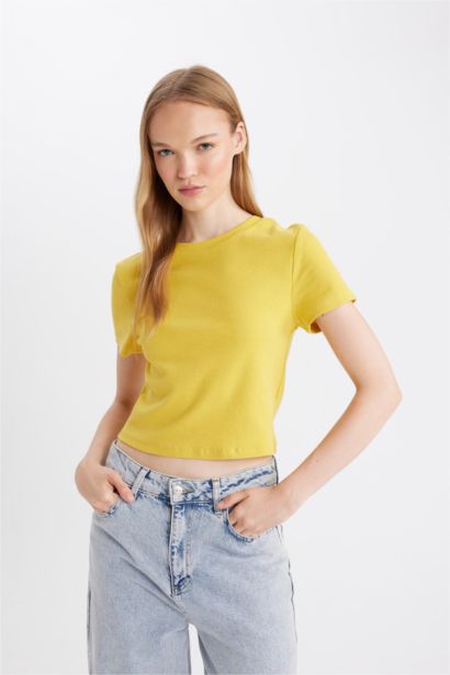 Fitted Crew Neck Ribbed Basic Short Sleeve T-Shirt