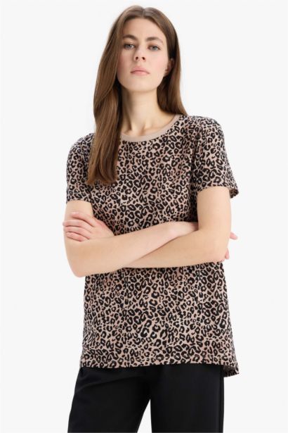 T-Shirt long imprimé à Manches Courtes et à Col Rond