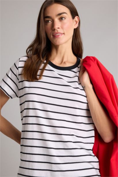 Long Fit Crew Neck Slogan Print Cotton T-Shirt