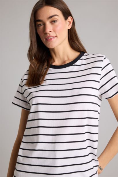 Long Fit Crew Neck Slogan Print Cotton T-Shirt