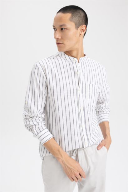 قميص كتان مخطط مودرن فيت بياقة عالية