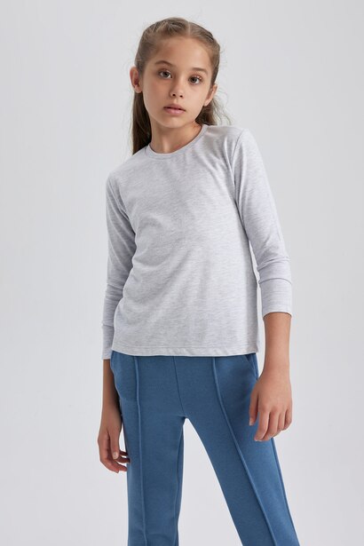 Girl Gray Crew Neck Cotton Long Sleeve School T-Shirt