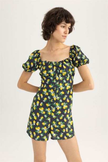 Heart Collar Printed Short Sleeve Jumpsuit