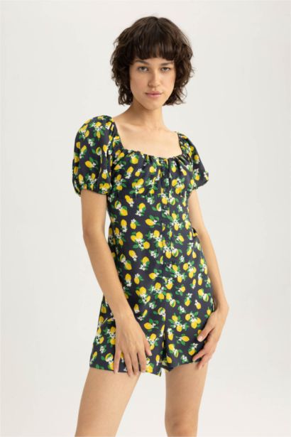 Heart Collar Printed Short Sleeve Jumpsuit