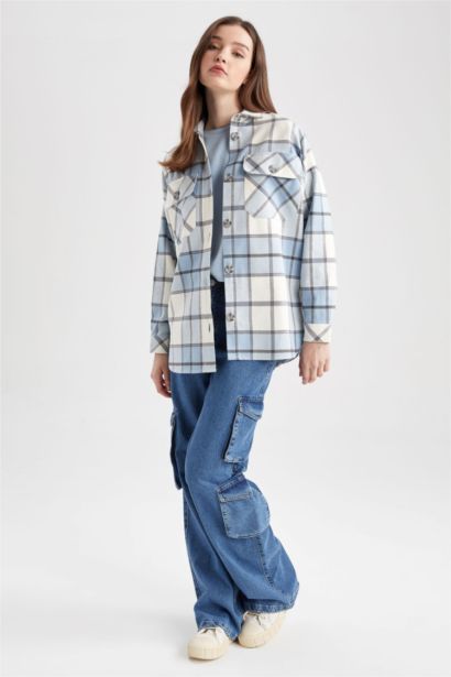 Shirt Collar Checked Flannel Long Sleeve Tunic