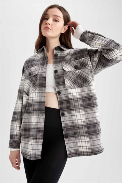 Shirt Collar Checked Flannel Long Sleeve Tunic