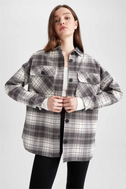 Shirt Collar Checked Flannel Long Sleeve Tunic