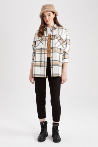 Shirt Collar Checked Flannel Long Sleeve Tunic