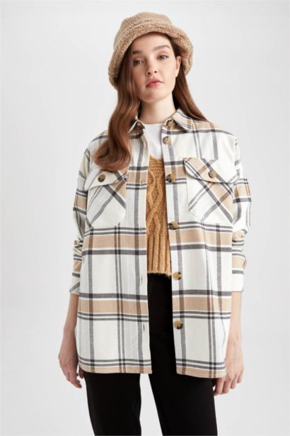 Shirt Collar Checked Flannel Long Sleeve Tunic